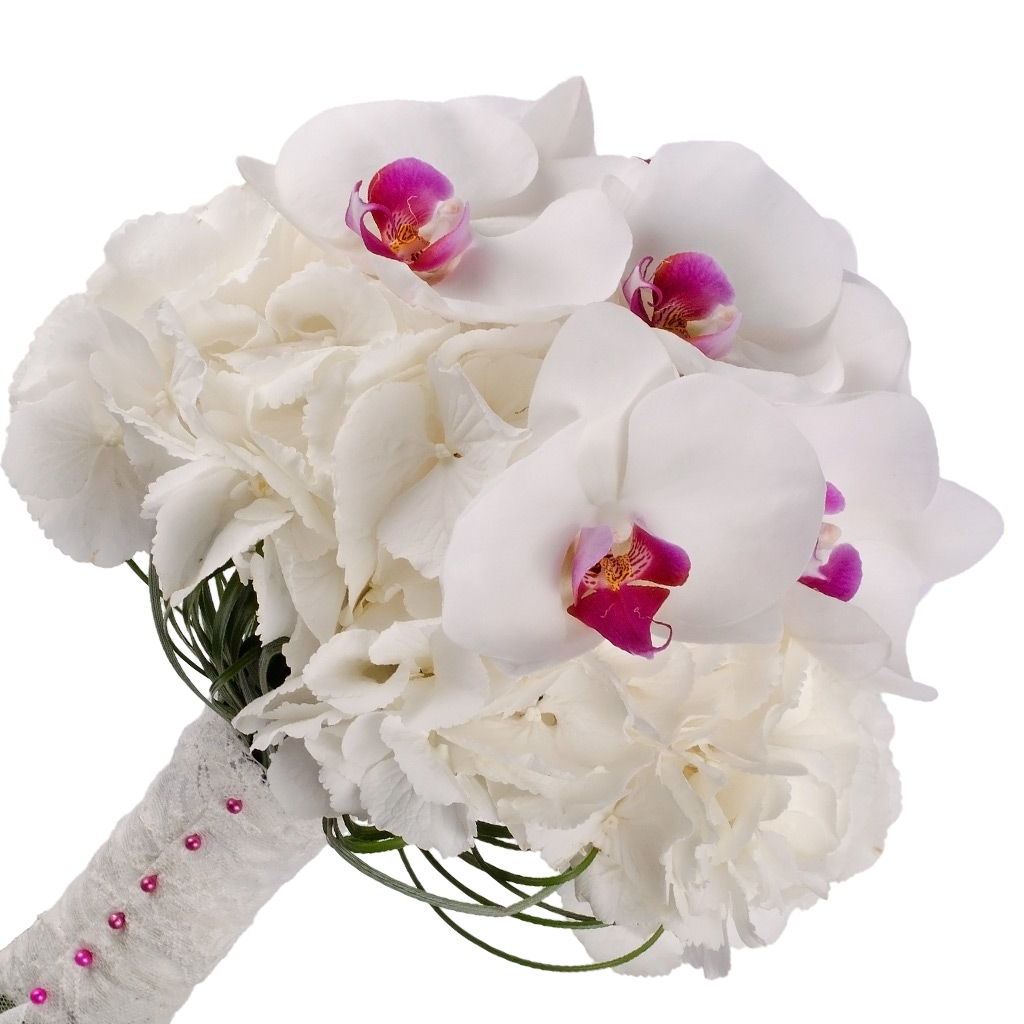 Buchet de mireasa cu hortensii si orhidee