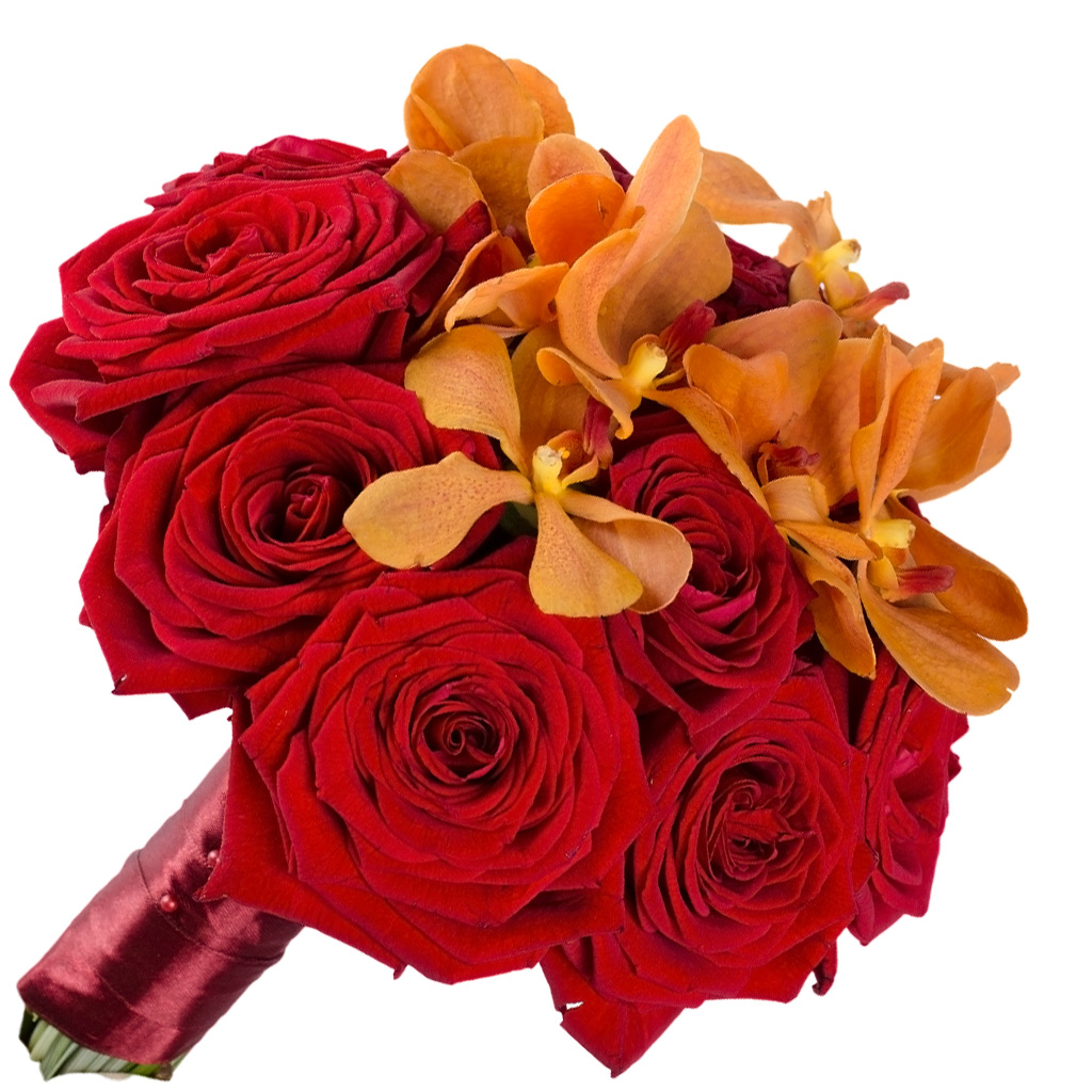Buchet de nasa cu trandafiri rosii si orhidee