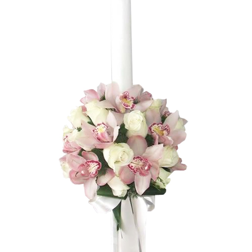 Lumanare botez orhidee roz si trandafiri albi