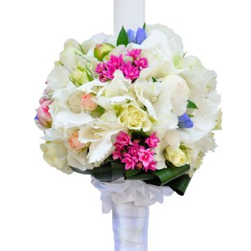lumanare nunta hortensia alba si trandafiri