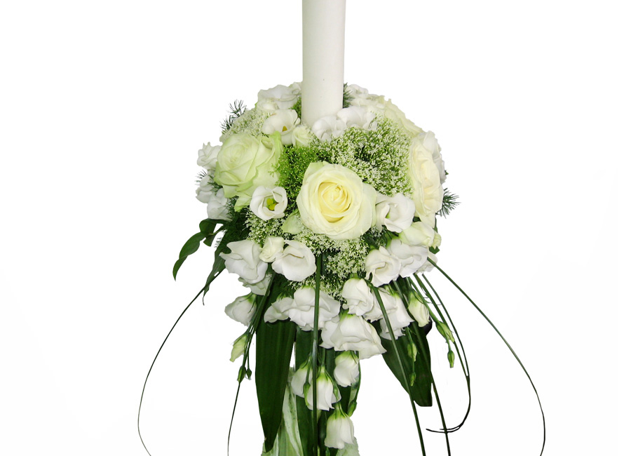 Lumanare nunta lisianthus si trandafiri albi