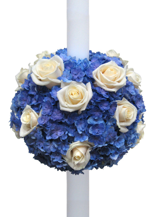 Lumanare nunta hortensia albastra si trandafiri