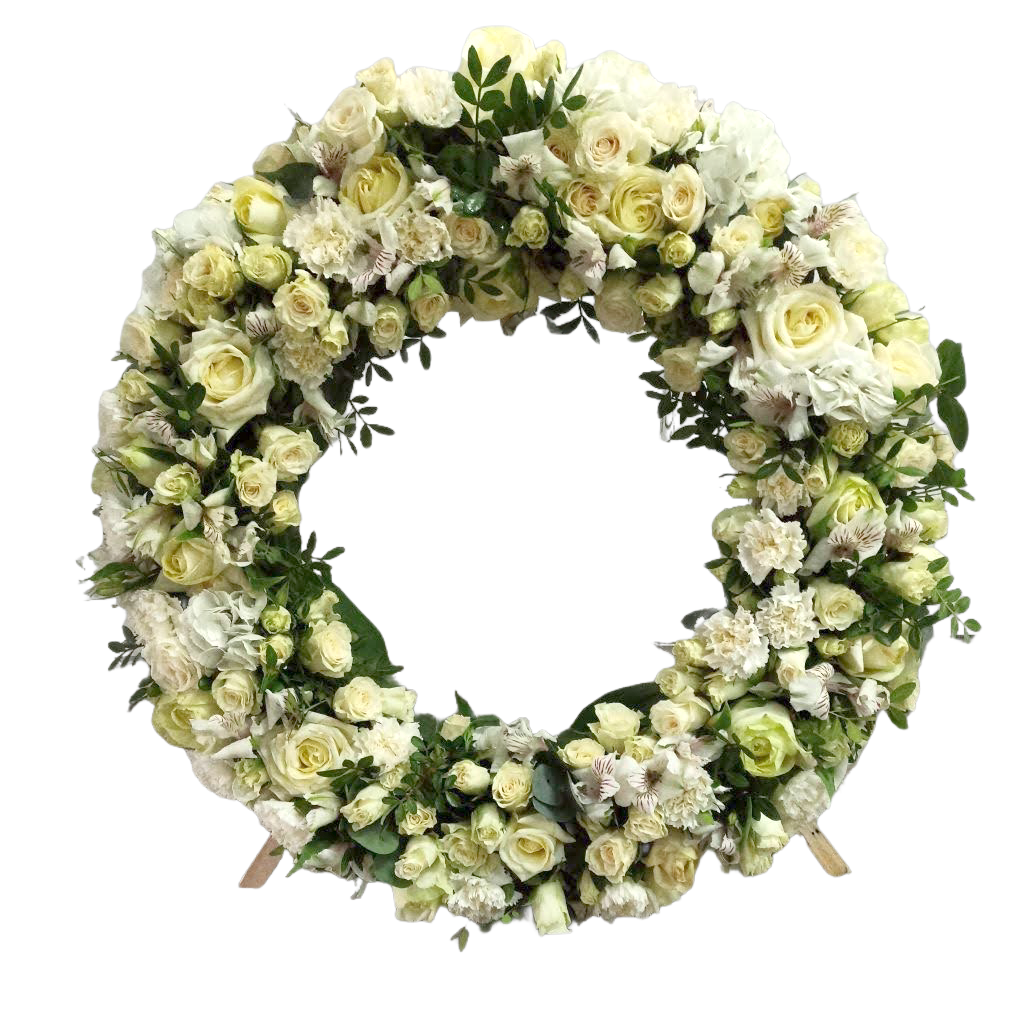 Coroana funerara trandafiri albi cu miniroze