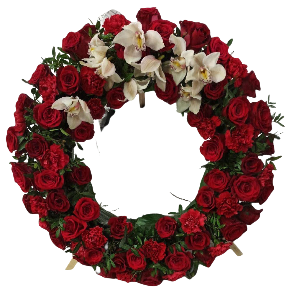 Coroana funerara trandafiri rosii si orhidee