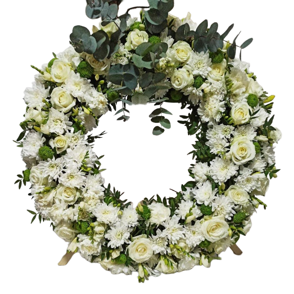 Coroana funerara trandafiri albi si crizanteme albe